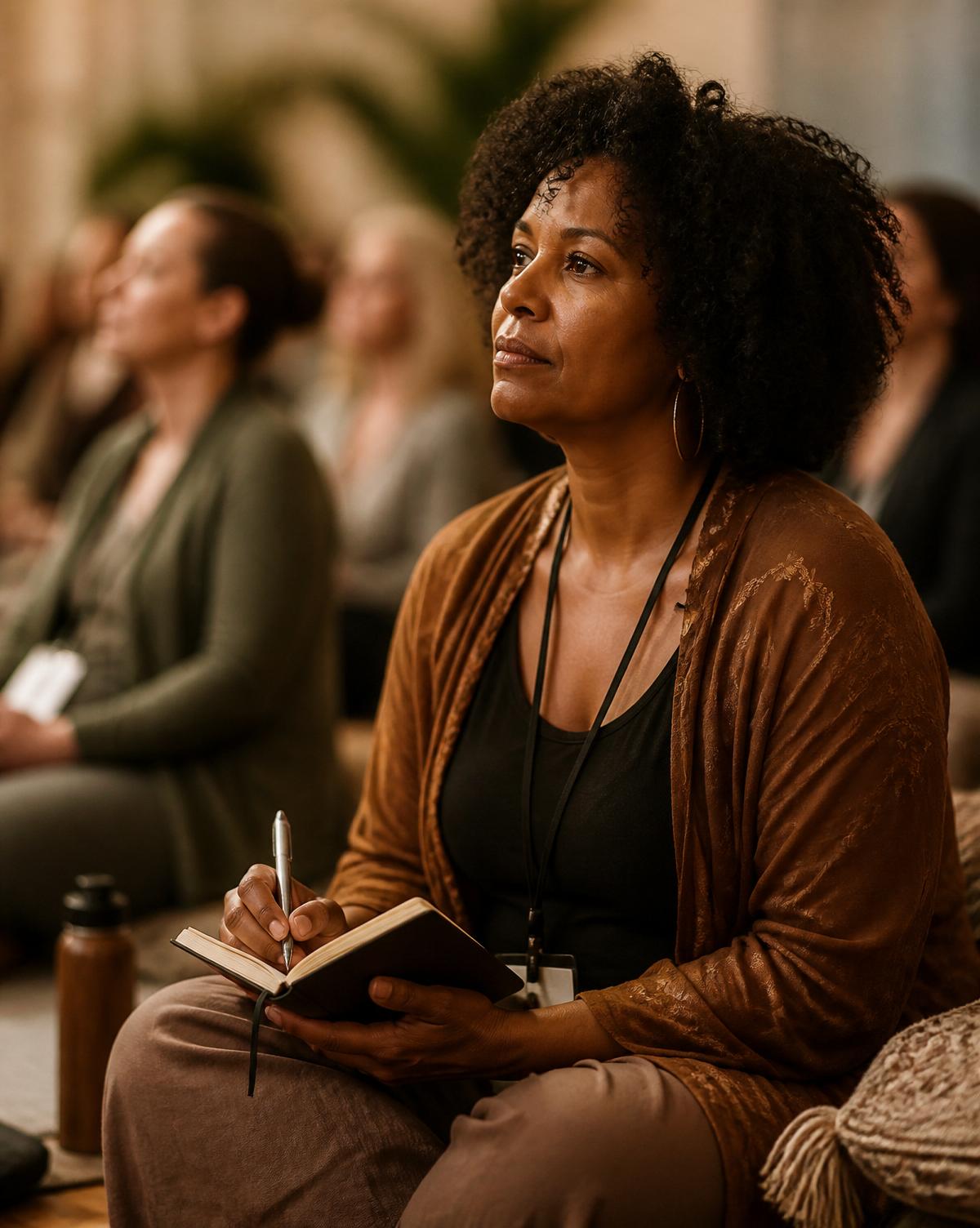 A woman reflecting quietly with a journal